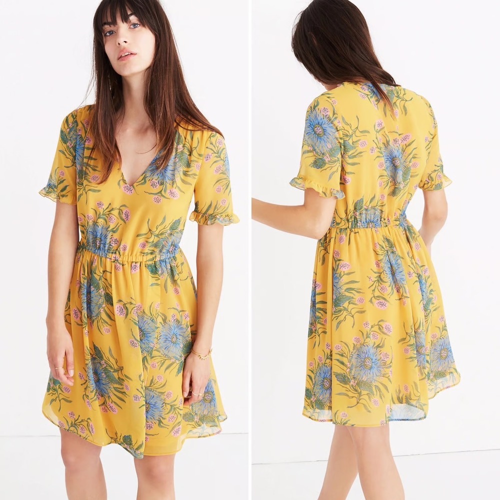 Madewell Floral Mini Dress V Neck Short Sleeve Yellow Blue Size 2‎
